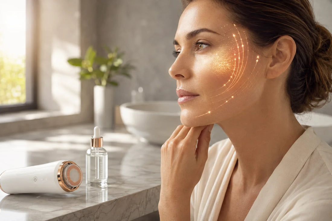 Femme de 35 ans utilisant la radiofréquence de l'ORA Lift Pro et un sérum à la niacinamide pour raffermir une peau grasse