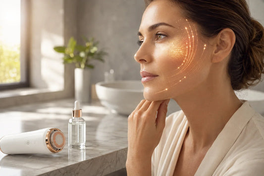 Femme de 35 ans utilisant la radiofréquence de l'ORA Lift Pro et un sérum à la niacinamide pour raffermir une peau grasse