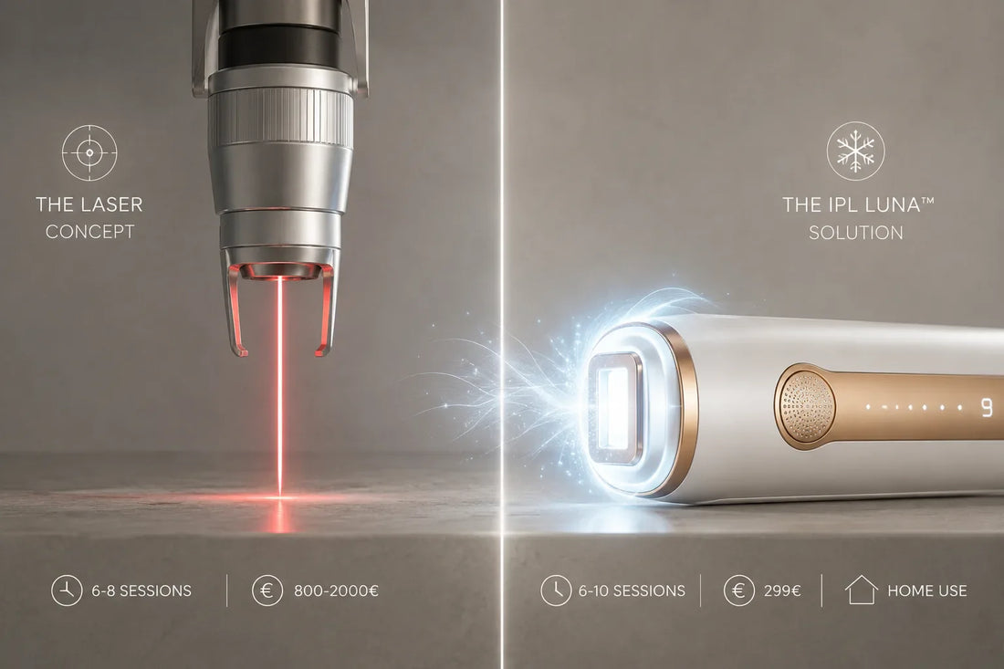 Comparatif technologique entre le faisceau précis du laser professionnel et le flash avec refroidissement de l'épilateur IPL LUNA