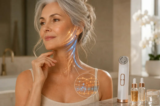 Femme mûre stimulant le collagène de son visage avec la radiofréquence de l'ORA Lift Pro pour contrer les effets de la ménopause.