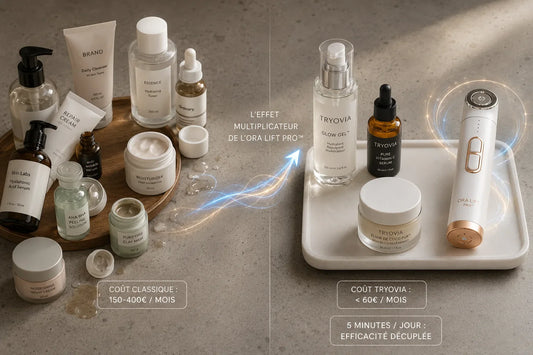 Comparatif entre une routine skincare surchargée et la routine minimaliste Tryovia avec l'appareil ORA Lift Pro