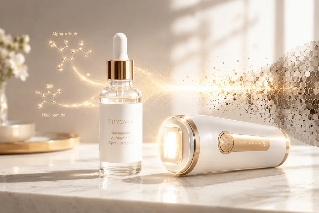 Épilateur lumière pulsée IPL LUNA en mode RA et sérum anti-taches Tryovia pour éliminer les taches de vieillesse et le mélasma