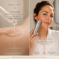 Comparatif visuel montrant un sérum restant en surface d'une peau non traitée (problème), face à une cliente utilisant l'appareil ORA LIFT PRO sur son visage (solution). L'image détaille les 3 technologies : Ultrasons pour pénétration en profondeur, EMS pour tonifier et Micro-courants pour une absorption maximale des actifs, promettant plus de résultats et d'éclat