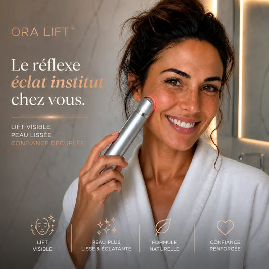 Femme utilisant appareil anti-âge visage ORA LIFT PRO à domicile