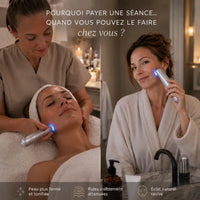 Visuel publicitaire comparant une séance de massage facial professionnel en institut (à gauche) à une femme utilisant l'appareil ORA LIFT PRO chez elle (à droite). Le texte en haut demande 'Pourquoi payer une séance... quand vous pouvez le faire chez vous ?', avec des sous-titres 'SÉANCE EN INSTITUT' et 'PROTOCOLE À DOMICILE'. En bas, des icônes détaillent les bénéfices : Peau plus ferme, Rides atténuées, Éclat ravivé.