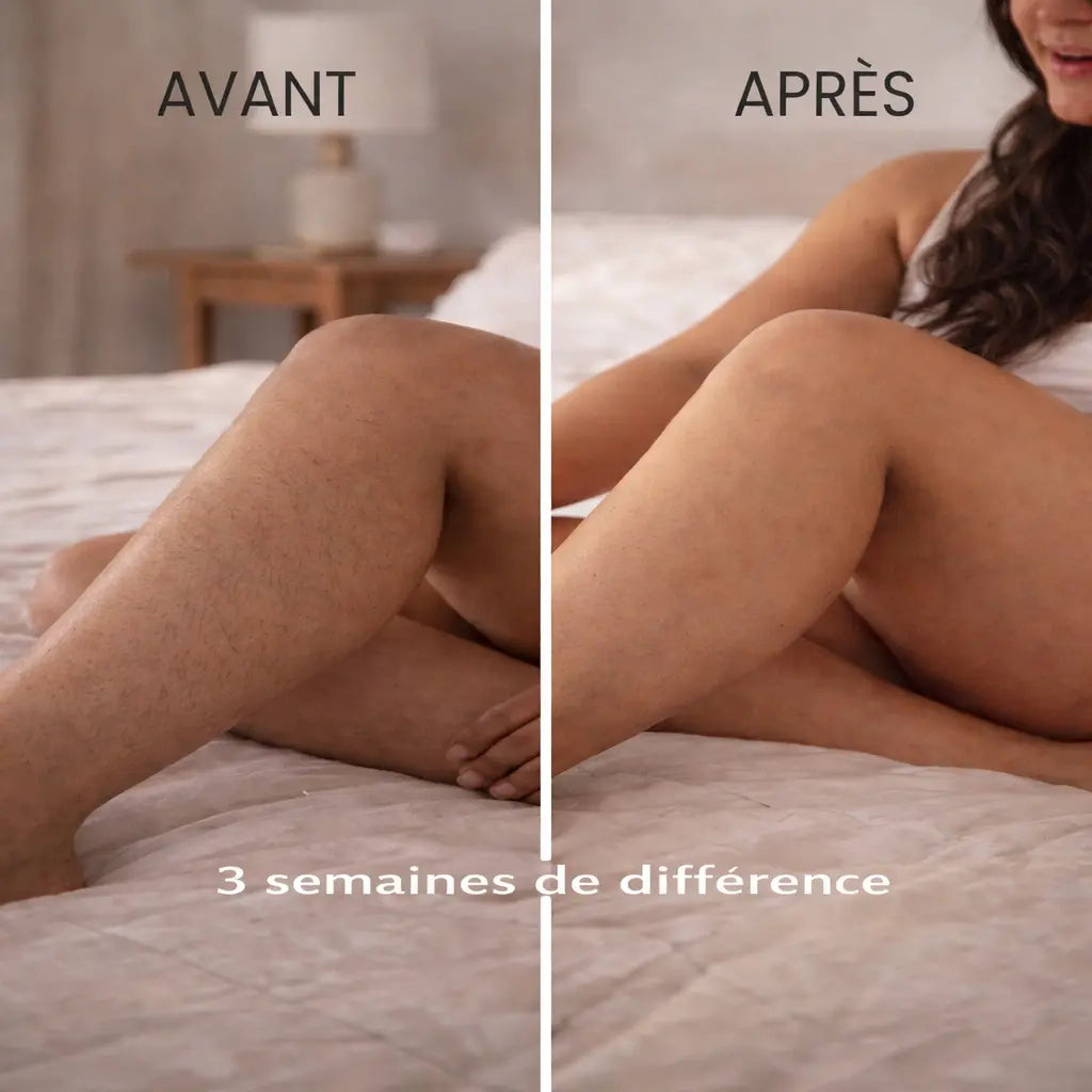 Comparatif avant après sur des jambes après 3 semaines d'utilisation de l'épilateur à lumière pulsée IPL LUNA de TRYOVIA, montrant une réduction visible des poils et une peau plus lisse.