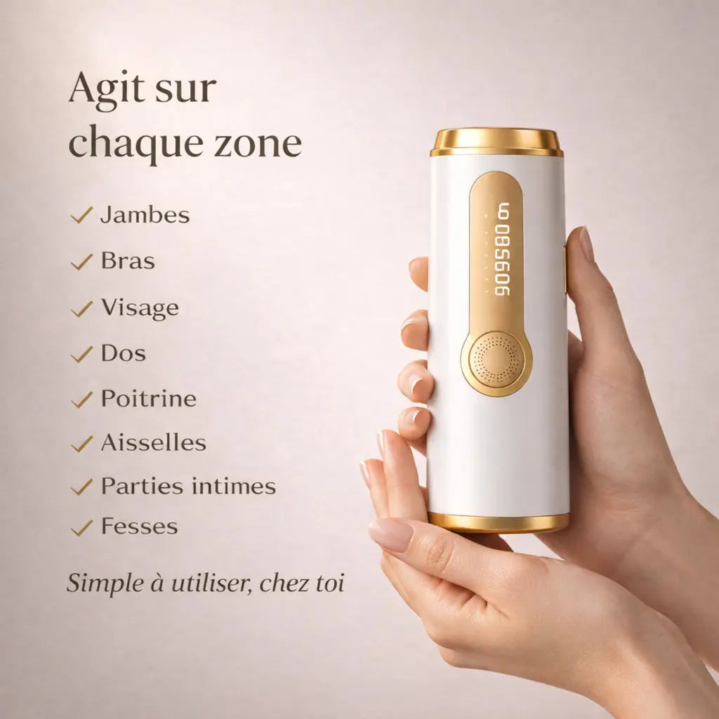 Gros plan sur l'épilateur à lumière pulsée TRYOVIA LUNA tenu dans les mains. Le visuel liste les zones d'application : jambes, bras, visage, dos, poitrine, aisselles, parties intimes et fesses, avec la mention 'Simple à utiliser, chez toi'.