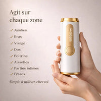 Gros plan sur l'épilateur à lumière pulsée TRYOVIA LUNA tenu dans les mains. Le visuel liste les zones d'application : jambes, bras, visage, dos, poitrine, aisselles, parties intimes et fesses, avec la mention 'Simple à utiliser, chez toi'.