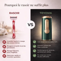 Infographie comparative intitulée 'Pourquoi le rasoir ne suffit plus' opposant le rasoir jetable traditionnel (inconvénients : rougeurs, poils incarnés, repousse rapide) à l'épilateur à lumière pulsée TRYOVIA (avantages : peau lisse durablement, douceur préservée, utilisation sur zones délicates).