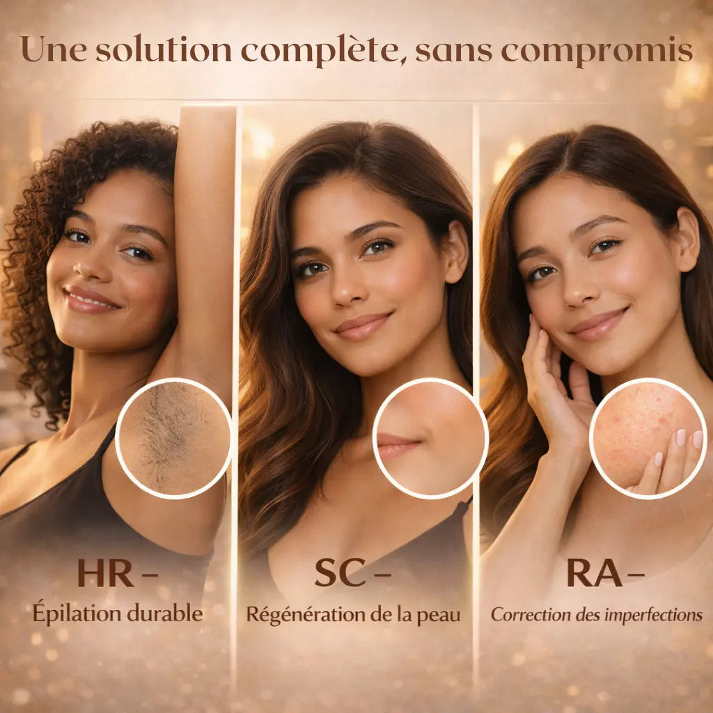 Infographie intitulée 'Une solution complète, sans compromis' présentant les 3 modes de l'appareil TRYOVIA LUNA : HR pour l'épilation durable avec zoom sur une aisselle, SC pour la régénération de la peau avec zoom sur le visage, et RA pour la correction des imperfections avec zoom sur la peau.