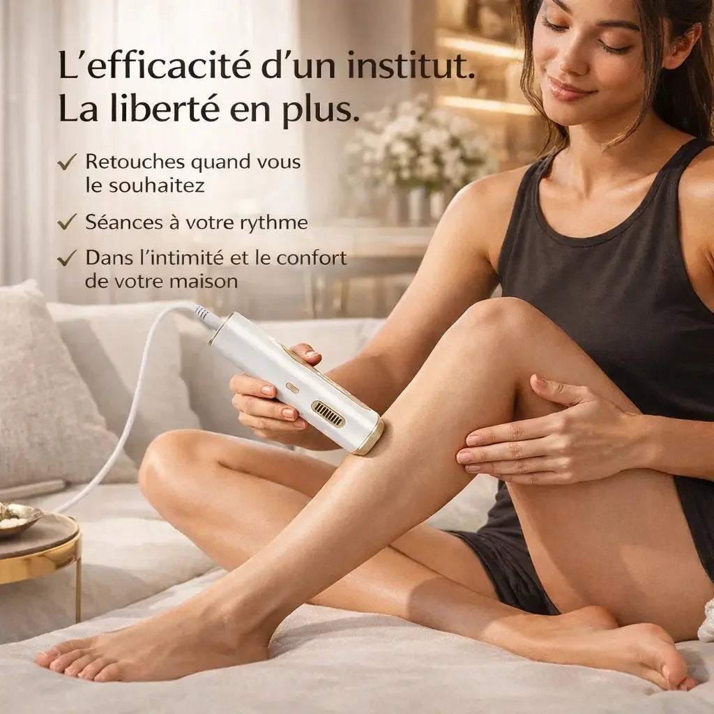 Femme savourant la liberté d'une peau lisse avec l'épilateur à lumière pulsée IPL LUNA TRYOVIA